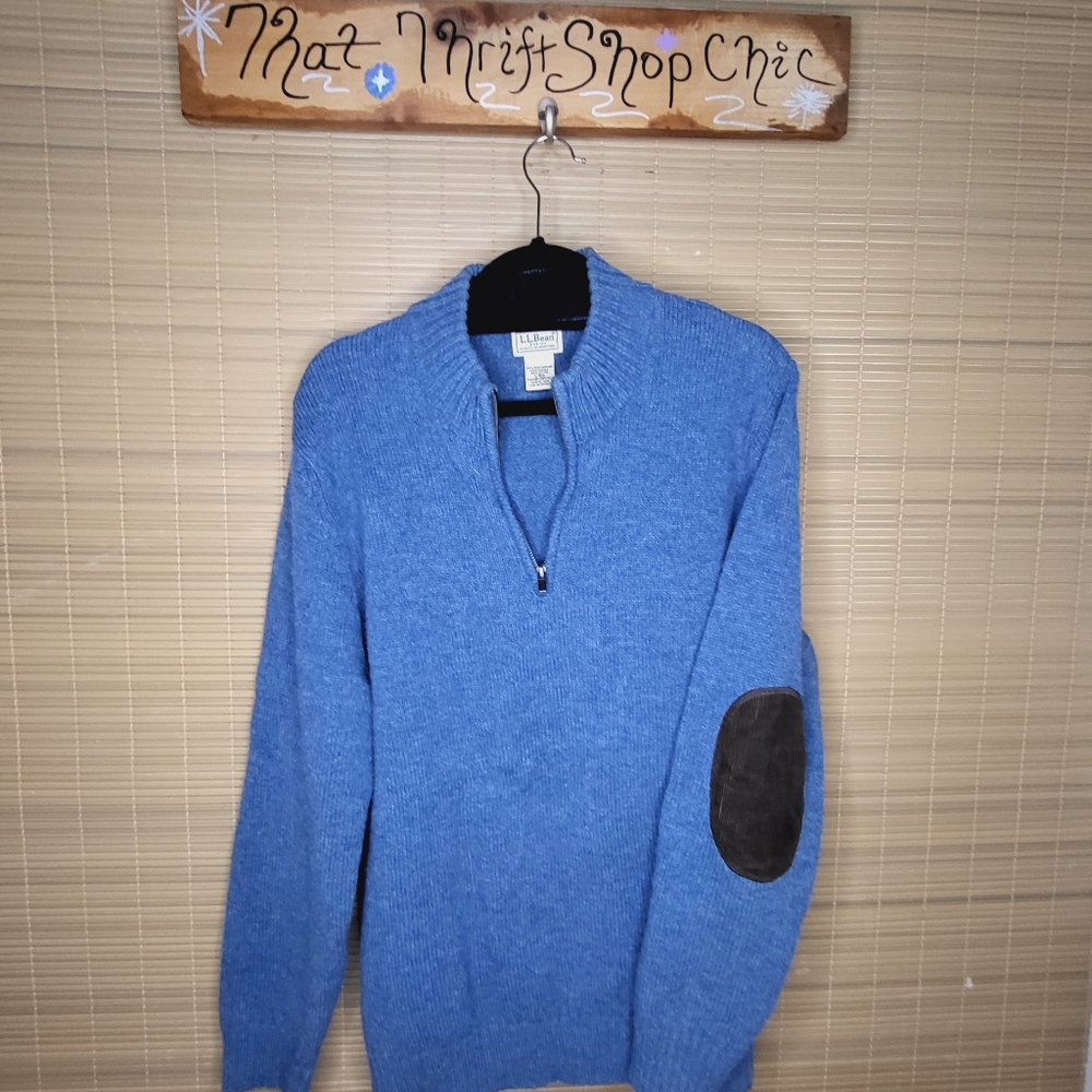 LL Bean Mens 1/4 Zip Wool Shetland Pullover Sweater Elbow Patches Large Reg